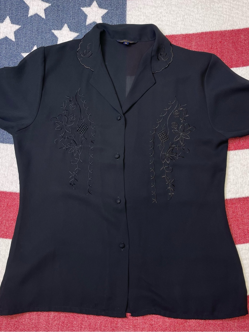 Maria Fashions Womens M Black Chiffon Sheer Embroidered Floral Button-Up Blouse